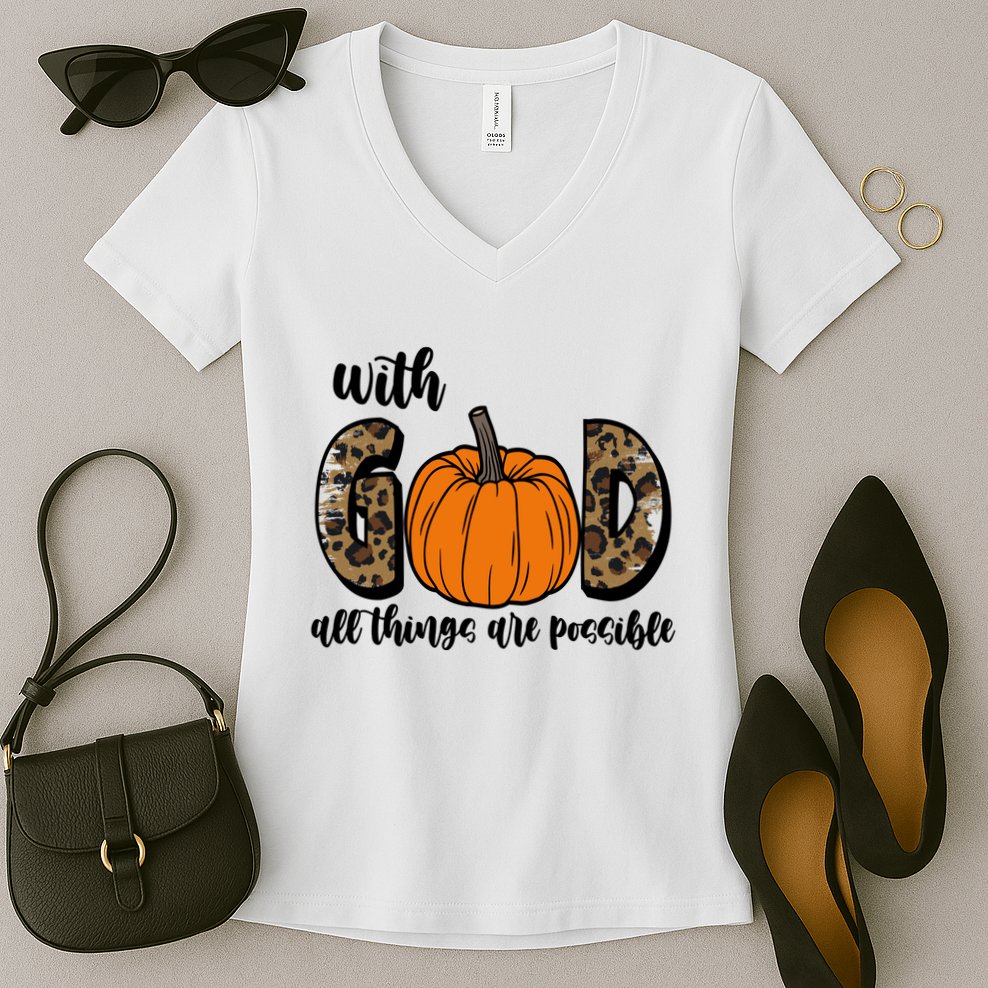 With God All Things Are Possible Fall Pumpkin Women's V-Neck T-Shirt