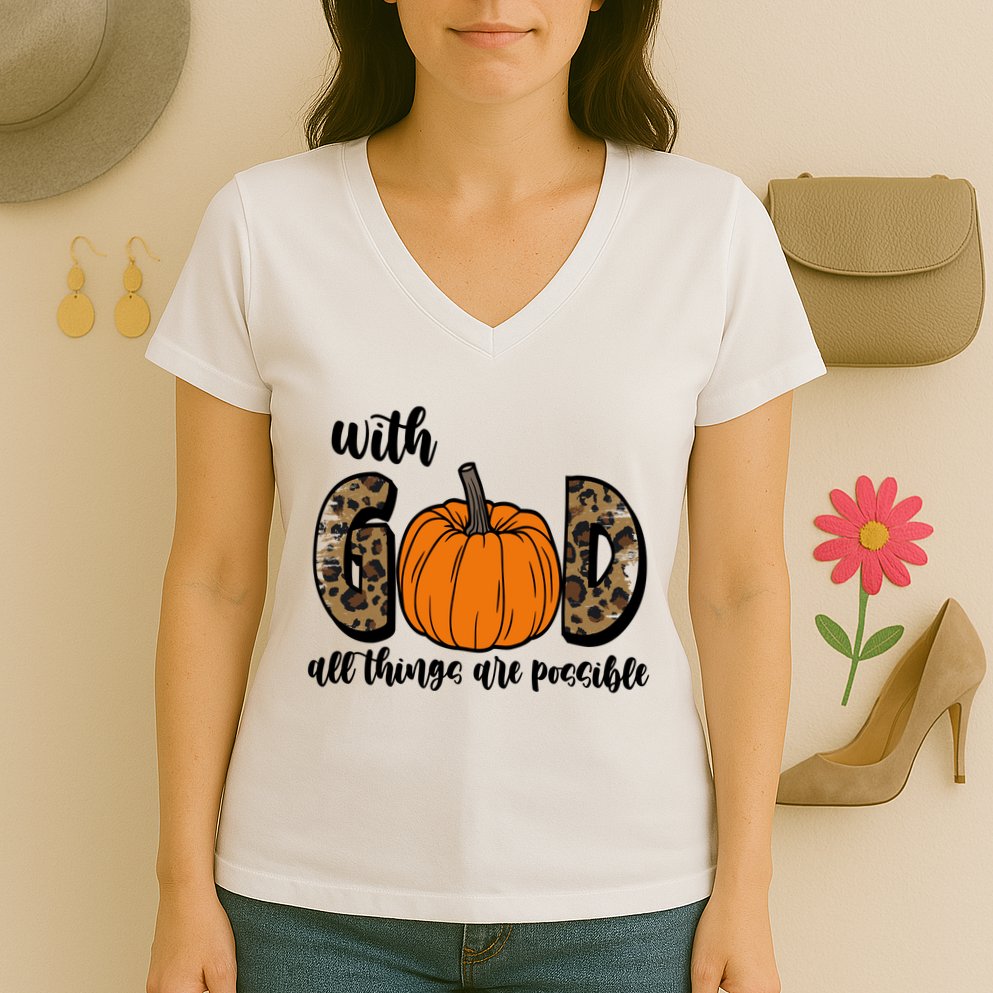 With God All Things Are Possible Fall Pumpkin Women's V-Neck T-Shirt