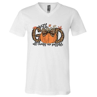 With God All Things Are Possible Christian Fall Thanksgiving V-Neck T-Shirt