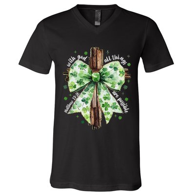 With God All Thing Are Possible St. PatrickS Coquette Bow V-Neck T-Shirt