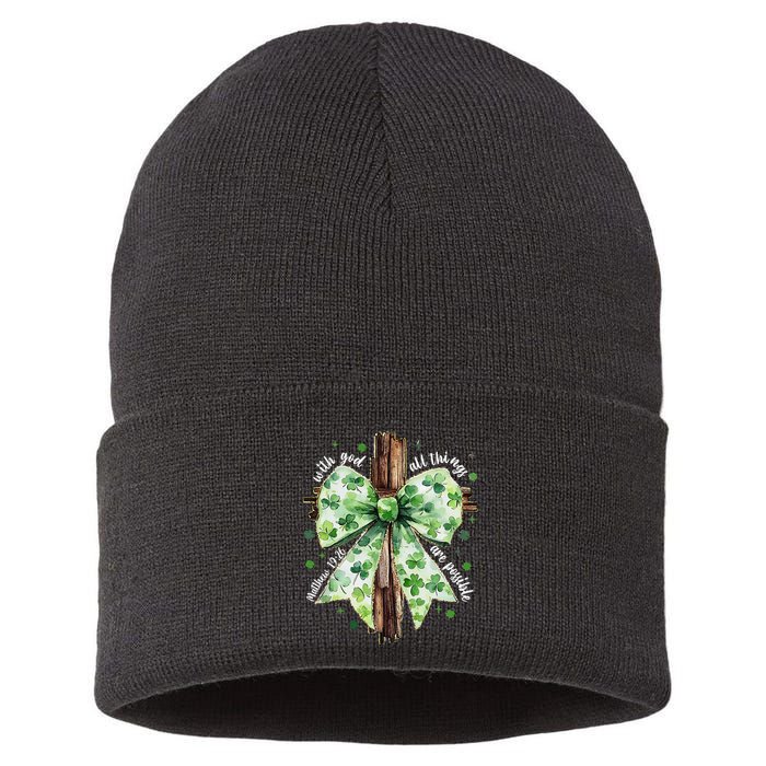 With God All Thing Are Possible St. PatrickS Coquette Bow Sustainable Knit Beanie