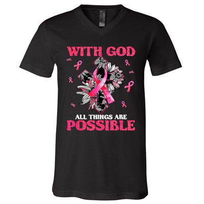 With God All Things Are Possible Breast Cancer Awareness V-Neck T-Shirt