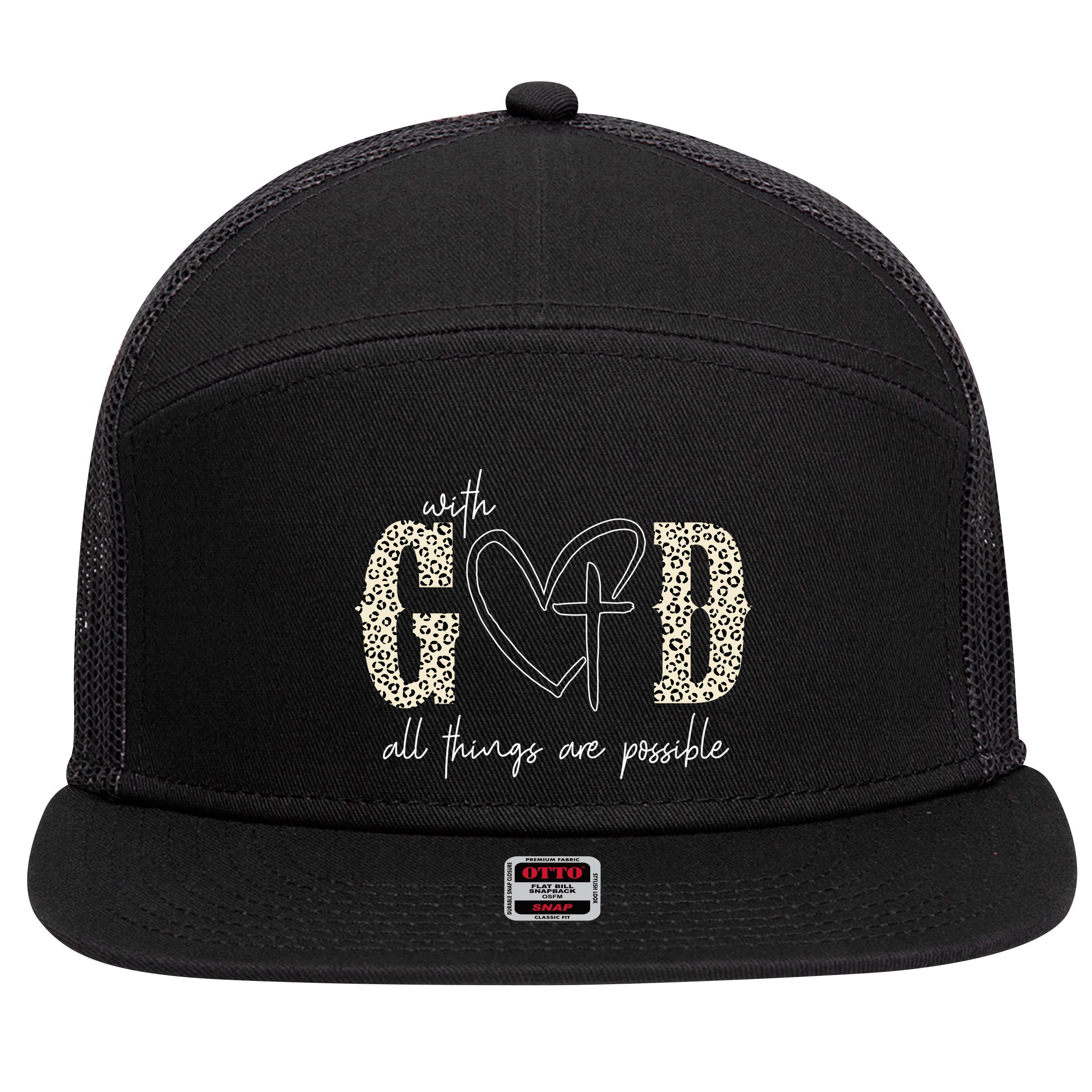 With God All Things Are Possible Cross Heart 7 Panel Mesh Trucker Snapback Hat