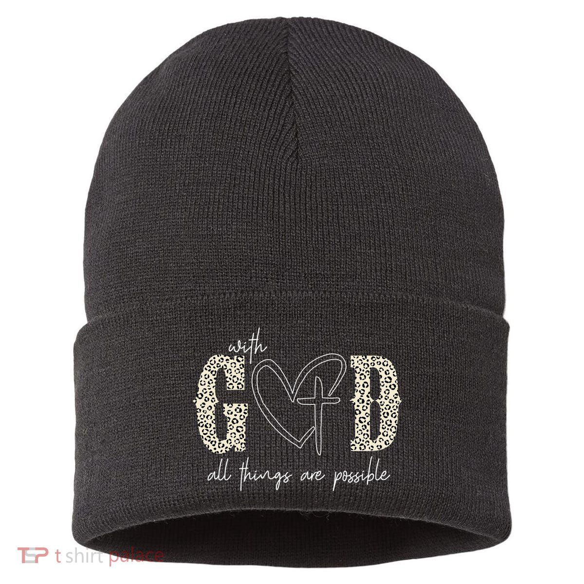 With God All Things Are Possible Cross Heart Sustainable Knit Beanie