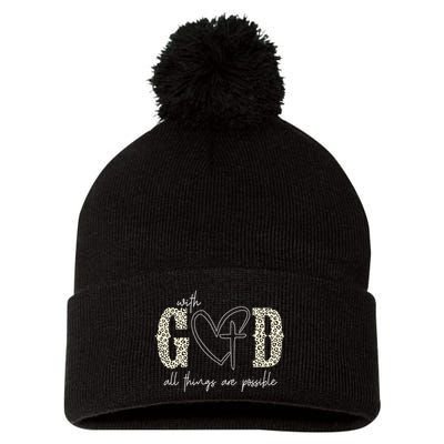 With God All Things Are Possible Cross Heart Pom Pom 12in Knit Beanie