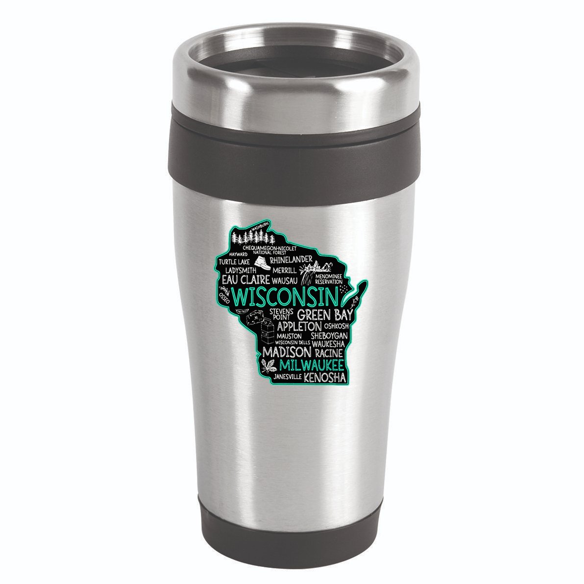 Wisconsin Green Bay Osseo Kenosha Racine Milwaukee Map 16oz Travel Tumbler