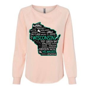 Wisconsin Green Bay Osseo Kenosha Racine Milwaukee Map Womens California Wash Sweatshirt