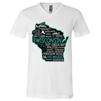 Wisconsin Green Bay Osseo Kenosha Racine Milwaukee Map V-Neck T-Shirt