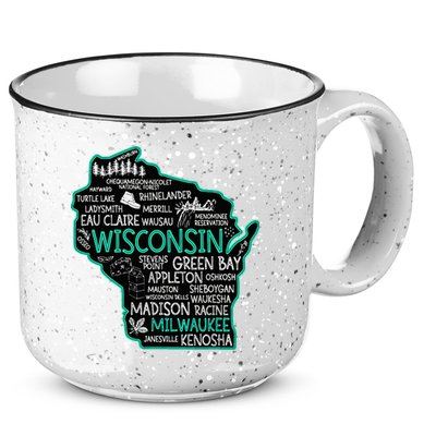 Wisconsin Green Bay Osseo Kenosha Racine Milwaukee Map 15oz Campfire Ceramic Mug