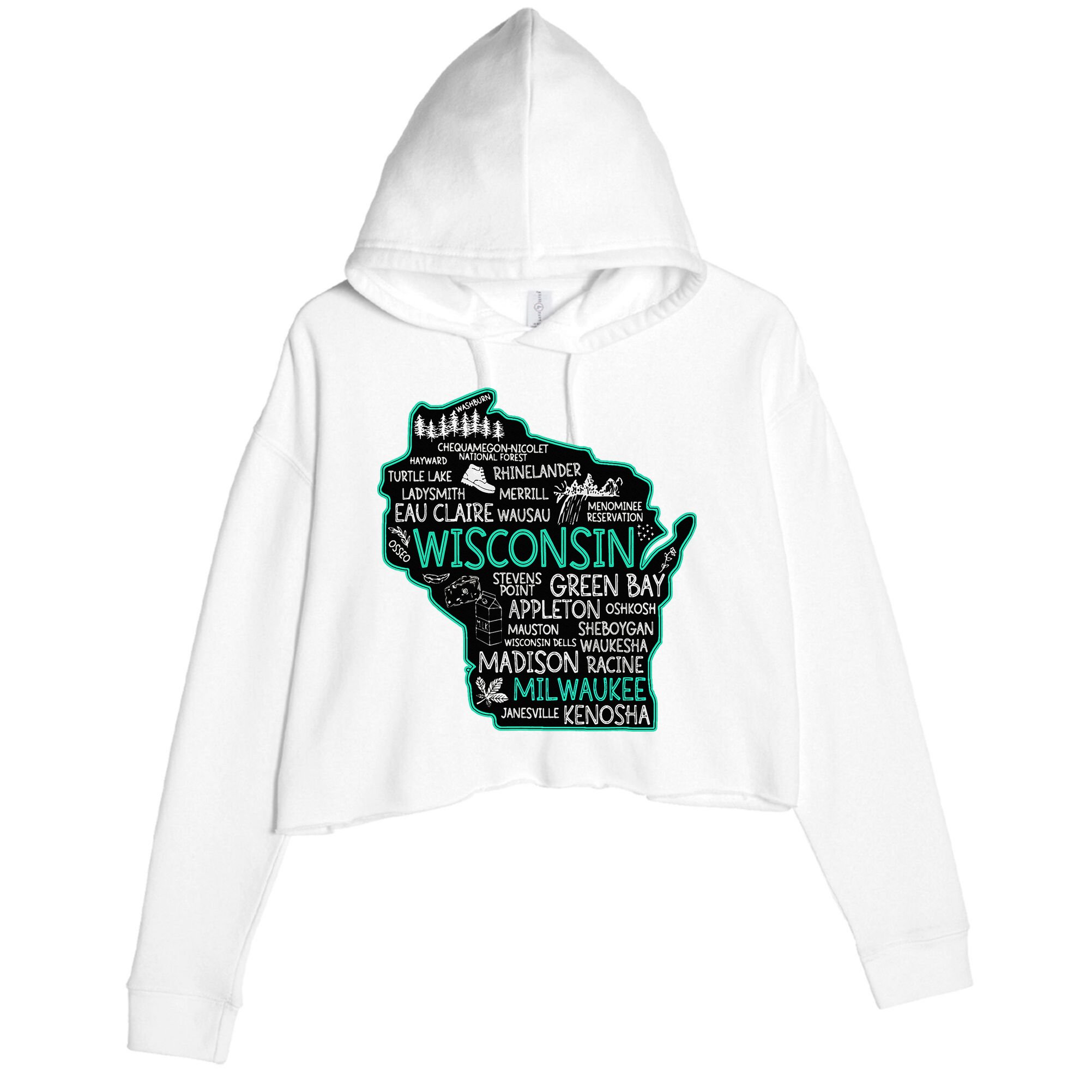 Wisconsin Green Bay Osseo Kenosha Racine Milwaukee Map Crop Fleece Hoodie