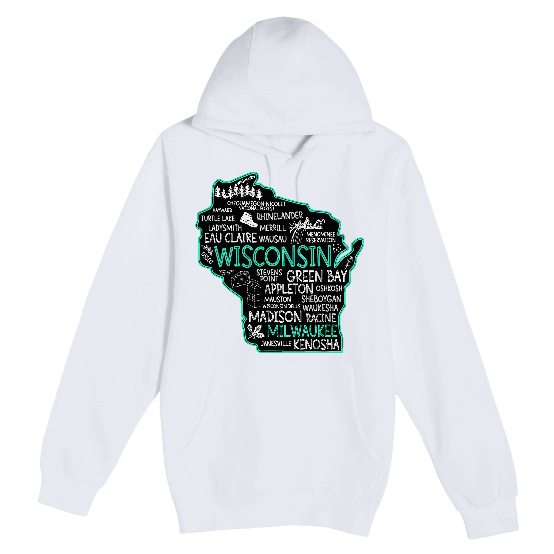 Wisconsin Green Bay Osseo Kenosha Racine Milwaukee Map Premium Pullover Hoodie