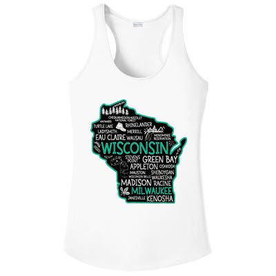 Wisconsin Green Bay Osseo Kenosha Racine Milwaukee Map Ladies PosiCharge Competitor Racerback Tank