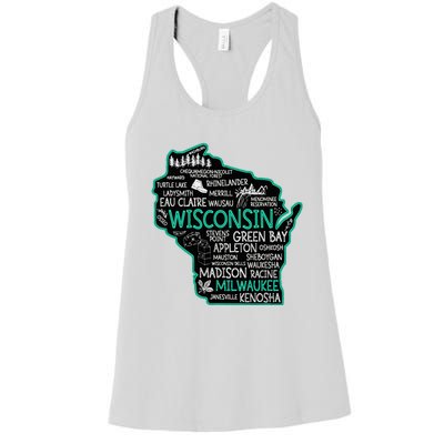 Wisconsin Green Bay Osseo Kenosha Racine Milwaukee Map Women's Racerback Tank