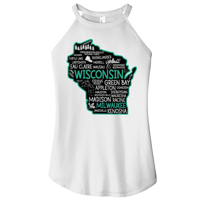 Wisconsin Green Bay Osseo Kenosha Racine Milwaukee Map Women's Perfect Tri Rocker Tank