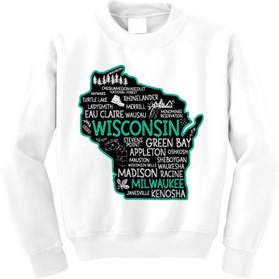 Wisconsin Green Bay Osseo Kenosha Racine Milwaukee Map Kids Sweatshirt