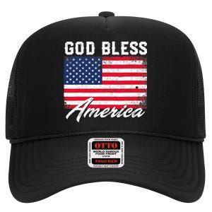 Wo God Bless America USA Flag 4th Of July Patriotic V-Neck High Crown Mesh Back Trucker Hat