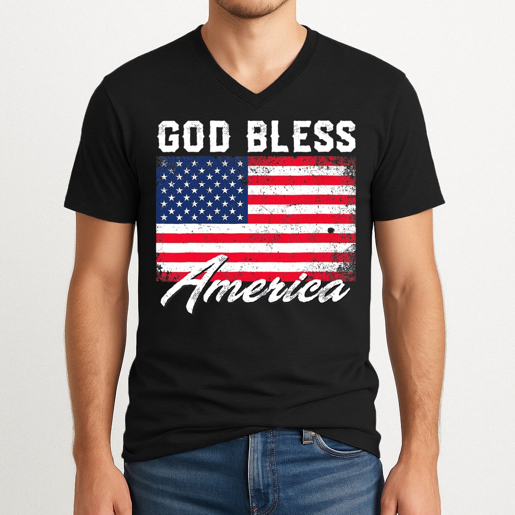 Wo God Bless America USA Flag 4th Of July Patriotic V-Neck V-Neck T-Shirt