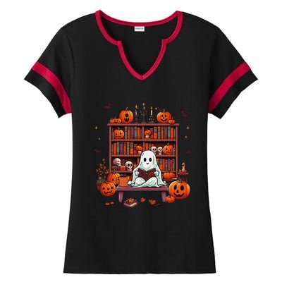 Women Ghost Book Reader Halloween Reading Enthusiast Book Ladies Halftime Notch Neck Tee