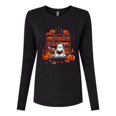 Women Ghost Book Reader Halloween Reading Enthusiast Book Womens Cotton Relaxed Long Sleeve T-Shirt