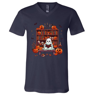 Women Ghost Book Reader Halloween Reading Enthusiast Book V-Neck T-Shirt