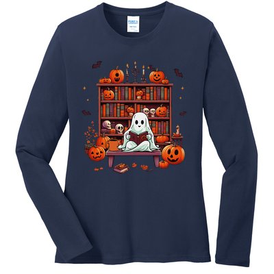 Women Ghost Book Reader Halloween Reading Enthusiast Book Ladies Long Sleeve Shirt