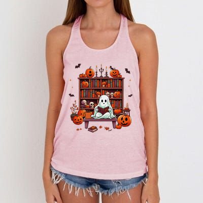 Women Ghost Book Reader Halloween Reading Enthusiast Book Women's Knotted Racerback Tank