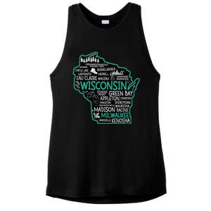 Wisconsin Green Bay Osseo Kenosha Racine Milwaukee Map Ladies PosiCharge Tri-Blend Wicking Tank