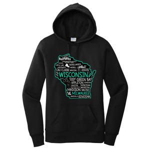 Wisconsin Green Bay Osseo Kenosha Racine Milwaukee Map Women's Pullover Hoodie