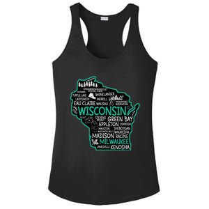 Wisconsin Green Bay Osseo Kenosha Racine Milwaukee Map Ladies PosiCharge Competitor Racerback Tank