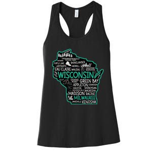 Wisconsin Green Bay Osseo Kenosha Racine Milwaukee Map Women's Racerback Tank