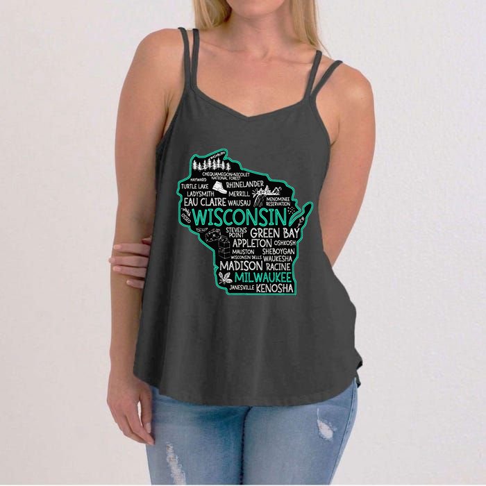 Wisconsin Green Bay Osseo Kenosha Racine Milwaukee Map Women's Strappy Tank