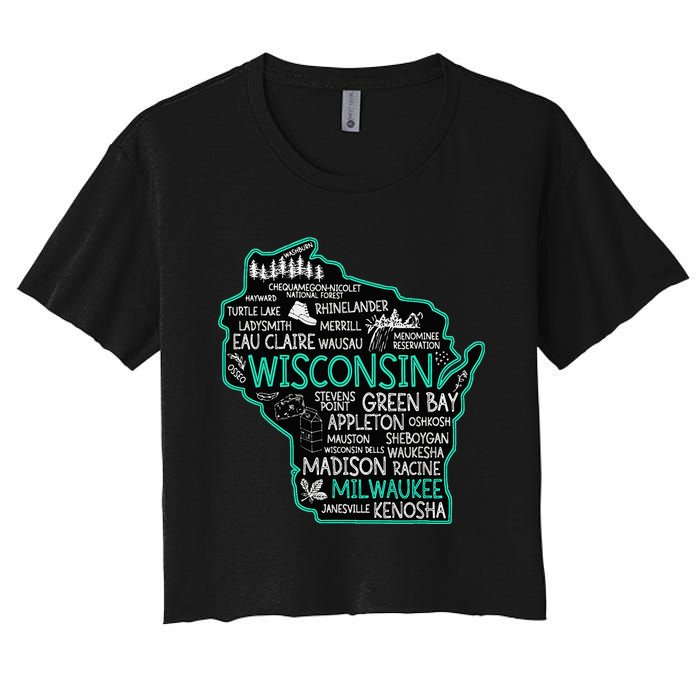 Wisconsin Green Bay Osseo Kenosha Racine Milwaukee Map Women's Crop Top Tee