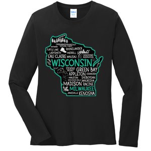 Wisconsin Green Bay Osseo Kenosha Racine Milwaukee Map Ladies Long Sleeve Shirt