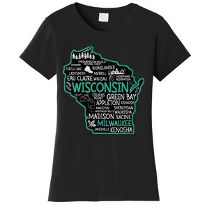 Wisconsin Green Bay Osseo Kenosha Racine Milwaukee Map Women's T-Shirt