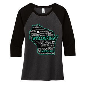 Wisconsin Green Bay Osseo Kenosha Racine Milwaukee Map Women's Tri-Blend 3/4-Sleeve Raglan Shirt