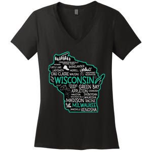 Wisconsin Green Bay Osseo Kenosha Racine Milwaukee Map Women's V-Neck T-Shirt