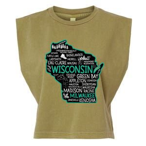 Wisconsin Green Bay Osseo Kenosha Racine Milwaukee Map Garment-Dyed Women's Muscle Tee