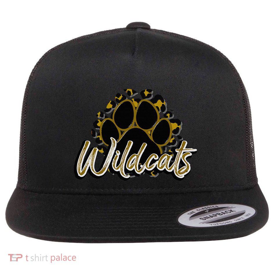 Wildcats Gold Black Cheetah School Sports Fan Team Spirit Flat Bill Trucker Hat