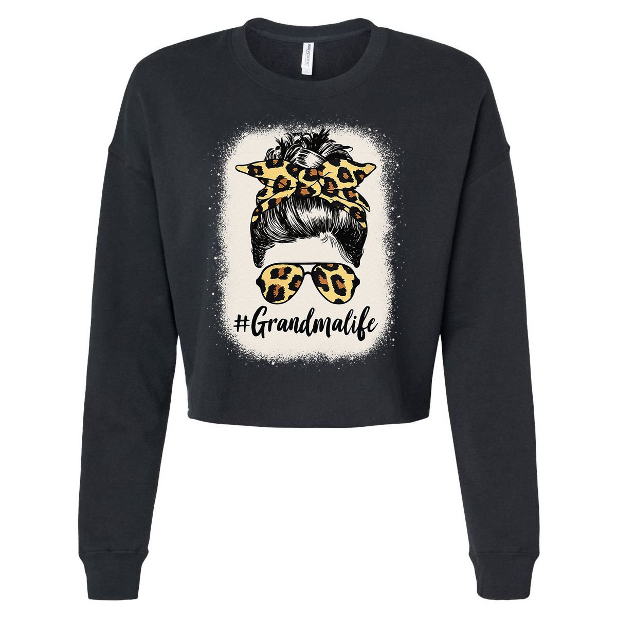 Womens Grandmalife Bleached Grandma Life Leopard Messy Bun Cropped Pullover Crew