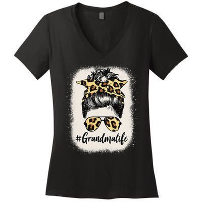 Womens Grandmalife Bleached Grandma Life Leopard Messy Bun Women's V-Neck T-Shirt