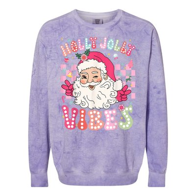 Women Groovy Cute Christmas Santa Claus Holly Jolly Vibes Xmas Gift Colorblast Crewneck Sweatshirt