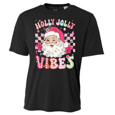 Women Groovy Cute Christmas Santa Claus Holly Jolly Vibes Xmas Gift Cooling Performance Crew T-Shirt