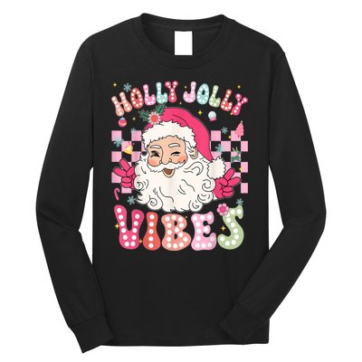 Women Groovy Cute Christmas Santa Claus Holly Jolly Vibes Xmas Gift Long Sleeve Shirt