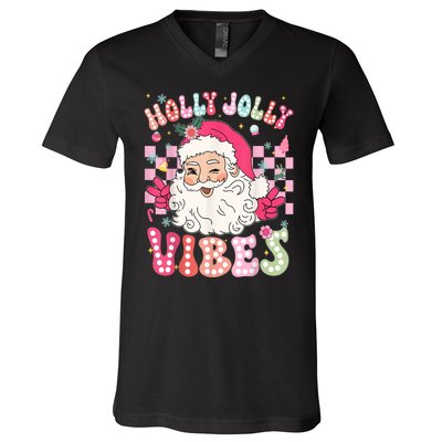 Women Groovy Cute Christmas Santa Claus Holly Jolly Vibes Xmas Gift V-Neck T-Shirt