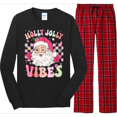 Women Groovy Cute Christmas Santa Claus Holly Jolly Vibes Xmas Gift Long Sleeve Pajama Set