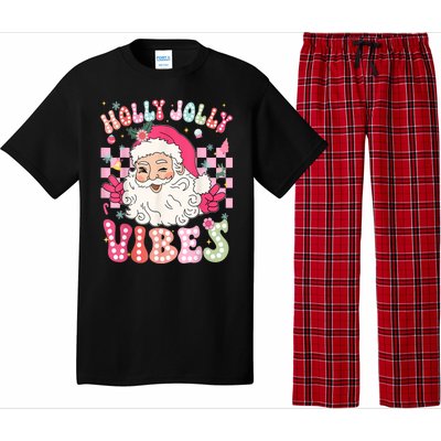 Women Groovy Cute Christmas Santa Claus Holly Jolly Vibes Xmas Gift Pajama Set