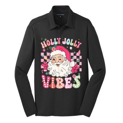 Women Groovy Cute Christmas Santa Claus Holly Jolly Vibes Xmas Gift Silk Touch Performance Long Sleeve Polo