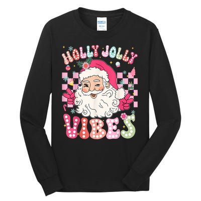 Women Groovy Cute Christmas Santa Claus Holly Jolly Vibes Xmas Gift Tall Long Sleeve T-Shirt