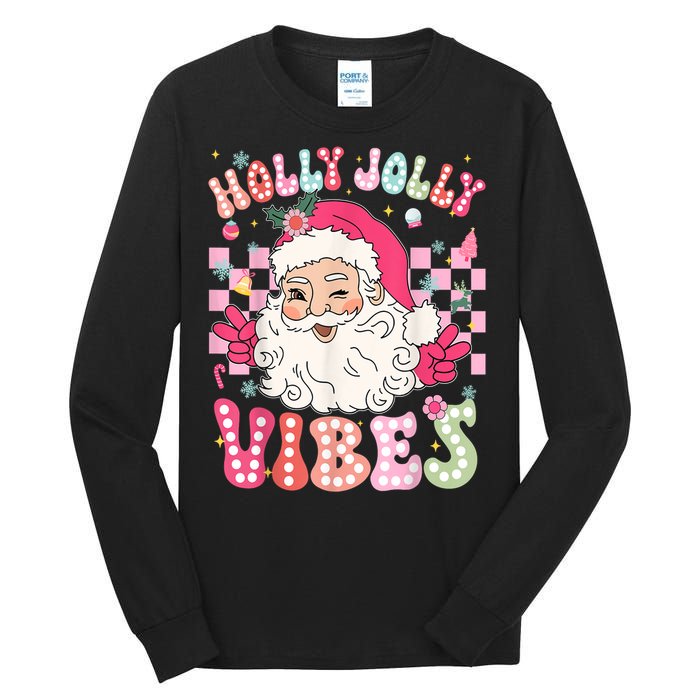 Women Groovy Cute Christmas Santa Claus Holly Jolly Vibes Xmas Gift Tall Long Sleeve T-Shirt