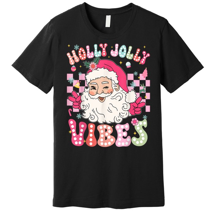 Women Groovy Cute Christmas Santa Claus Holly Jolly Vibes Xmas Gift Premium T-Shirt